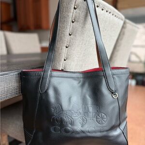 Black Coach Carriage Leather Tote Bag with Red Interior